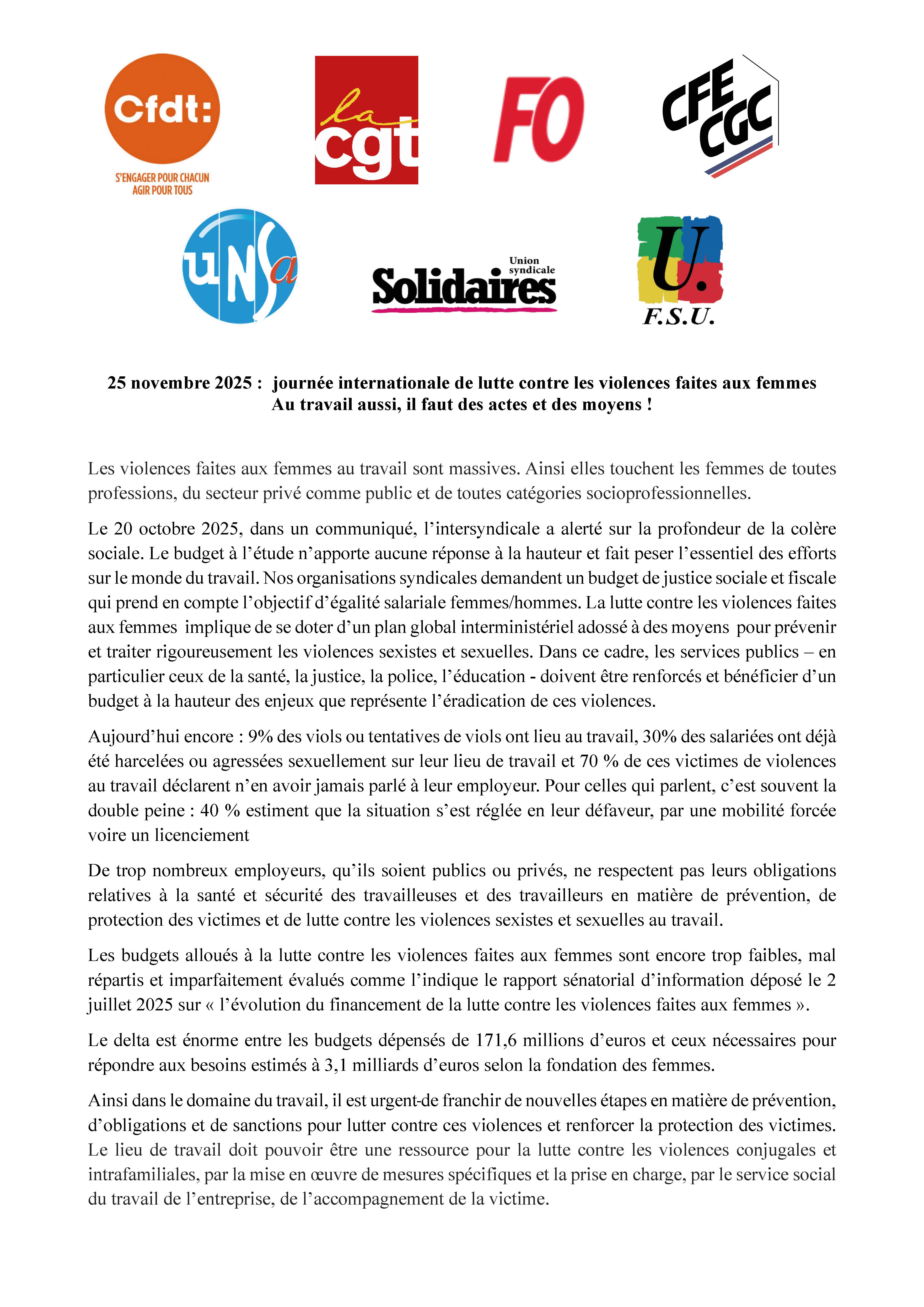 25 novembre 2025 : journée internationale de lutte contre les violences faites aux femmes Au travail aussi, il faut des actes et des moyens !